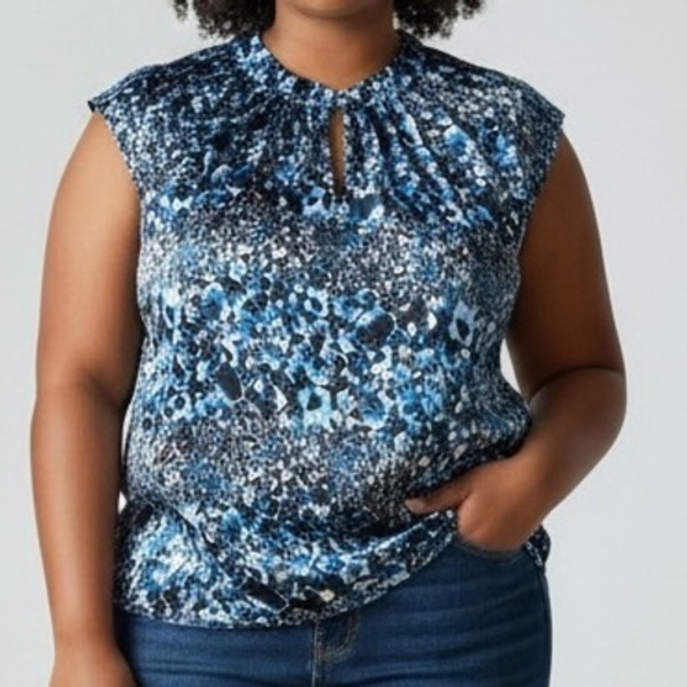 Tahari Arthur S‎ Levine Womens XL Blue Abstract Floral Pleated Sleeveless Blouse